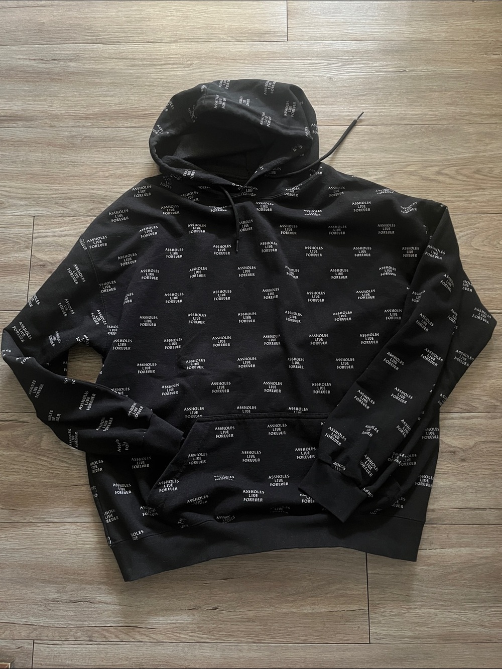 Assholes Live Forever Black Allover Logo Hoodie - Men's Pullover Sweatshirt